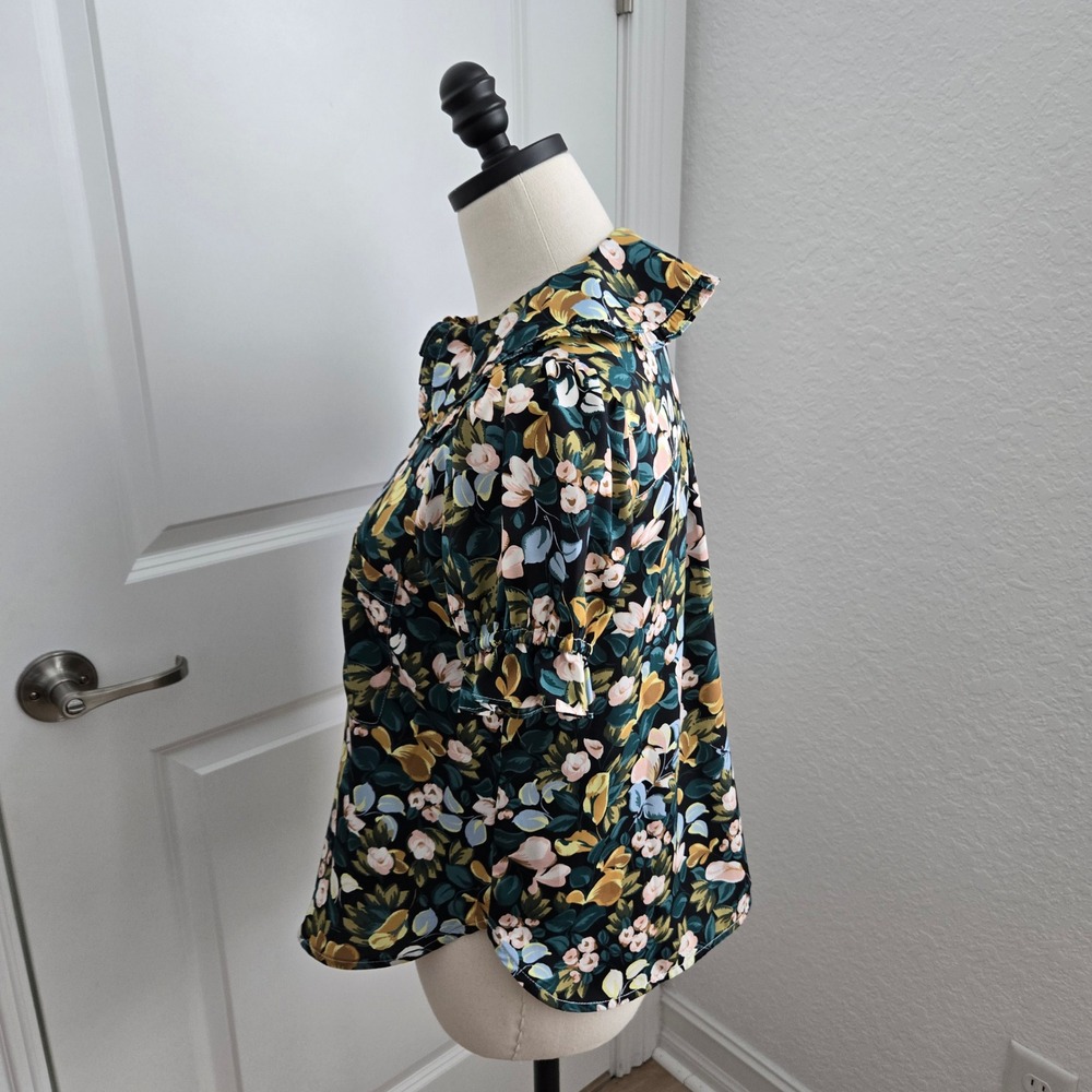 Pilcro Anthropologie Floral Peter Pan Collar Ruffle Blouse Green Mustard Small - Picture 4 of 9